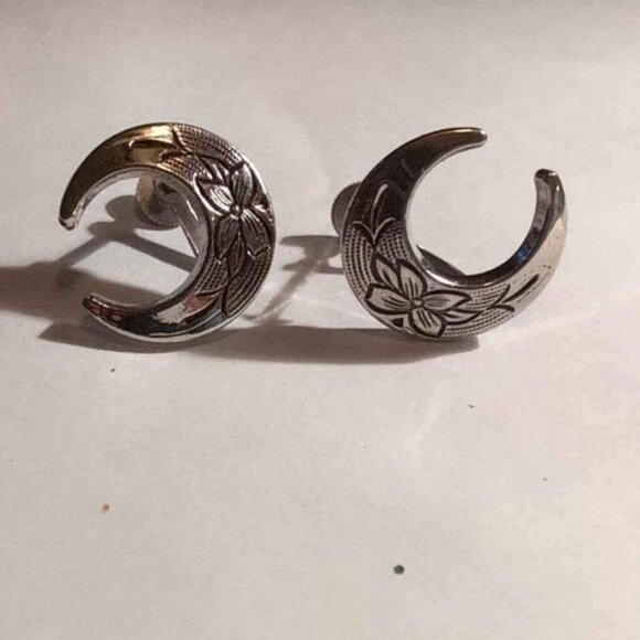 Silver Toned Crescent Clip on Earrings with Engraved Flower Outlined in Black - Picture 7 of 7